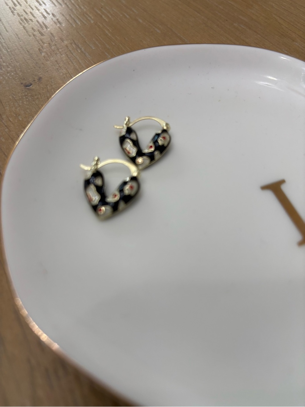 Gold-Tone Black Enamel Heart Hoop Earrings with Floral Detail